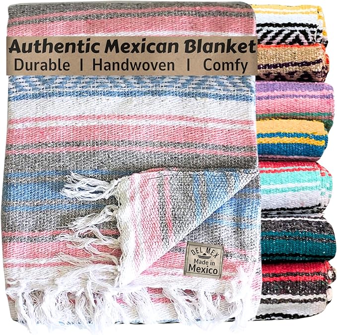 Del Mex Classic Mexican Blanket, Large Authentic Woven Falsa Throw (70"x50"), Artisan Southwest Décor for Beach, Yoga, Outdoors (Light Pink/Blue)-Ruum Studio Home