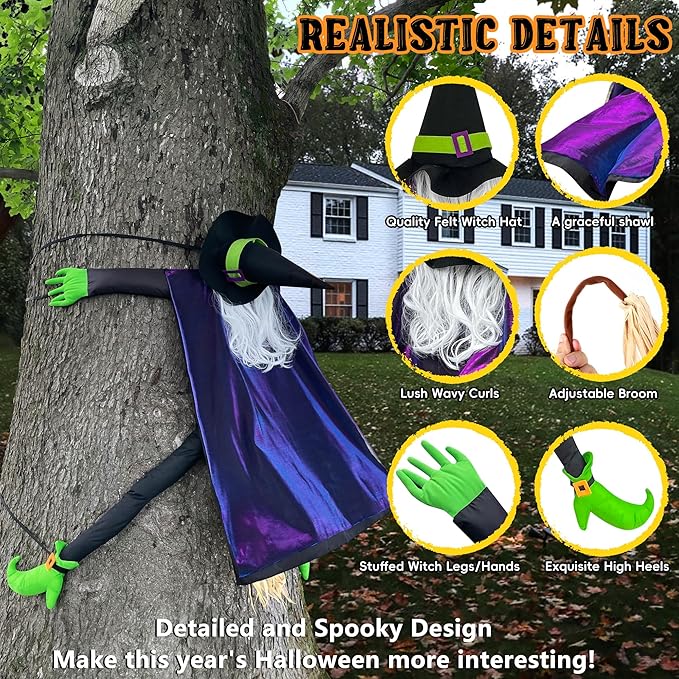 POPGIFTU 64" Large Crashing Witch into Tree Halloween Outdoor Decoration – Funny Flying Witch Yard Prop for Porch, Garden & Lawn, Weather-Resistant Halloween Decor-Ruum Studio Home