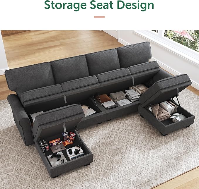 HONBAY Sectional Sofa with Storage Seat U Shaped Couch with Reversible Chaise Convertible Sectional Couches for Living Room,Dark Grey-Ruum Studio Home