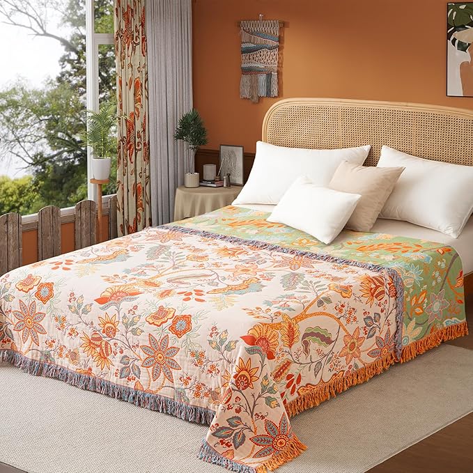 Boho Throw Blanket Full Size, Soft Cozy Cotton Muslin Quilt Blanket for Bed Decor, Floral Patterned Couch Sofa Chair Cover, Vintage Farmhouse Cottage Tapestry Woven Blanket, Coral&Green-Ruum Studio Home