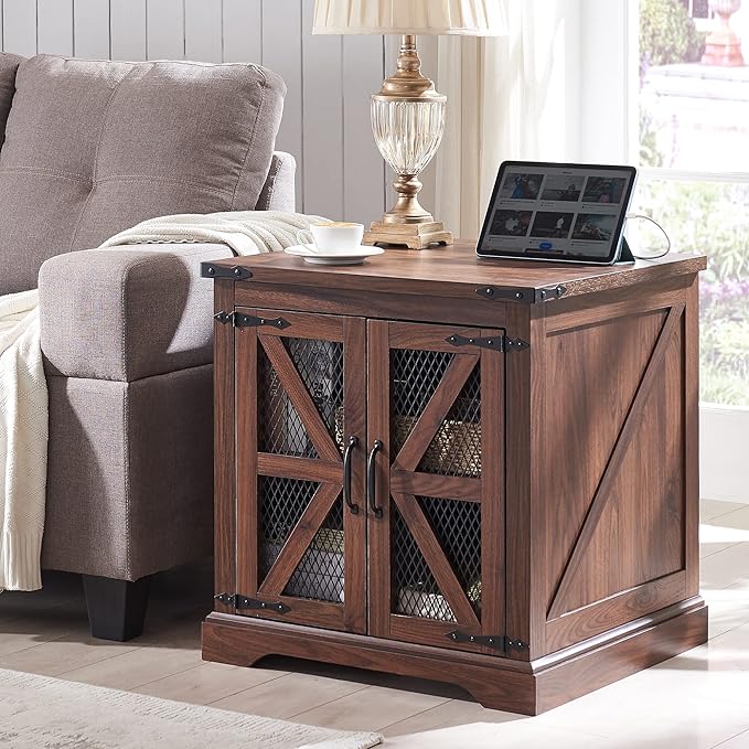 JXQTLINGMU Farmhouse End Table, 24" Large Sofa Side Table with Charging Station, Mesh Barn Door, and Adjustable Storage Shelf, Rustic Wood Square Nightstand for Living Room, Bedroom, Office, Brown-Ruum Studio Home