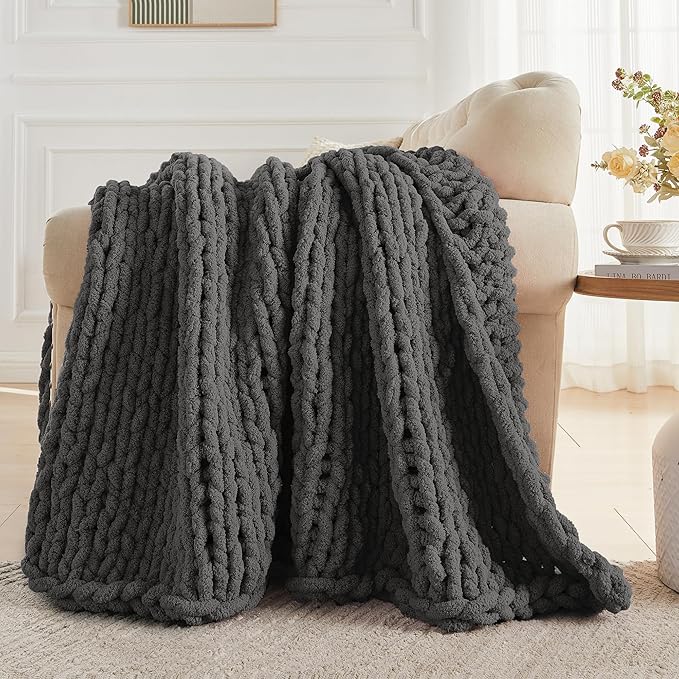 Carriediosa Chunky Knit Throw Blanket 50" X 60", 100% Hand Made Large Chenille Loop Yarn Soft Fluffy Throws for Couch Sofa Bed, Big Crochet Cozy Heavy Thick Cable Woven Blankets, Dark Grey-Ruum Studio Home