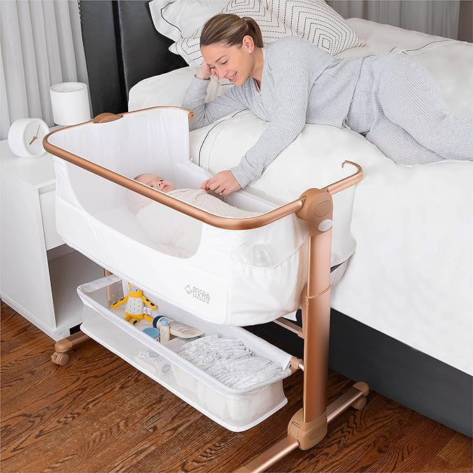 KoolerThings Baby Bassinet, Bedside Sleeper for Baby, Easy Folding Portable Crib with Storage Basket for Newborn, Bedside Bassinet, Comfy Mattress/Travel Bag Included (Bassinet) (White & Gold)-Ruum Studio Home