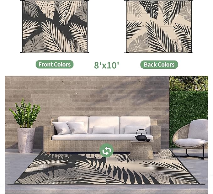 GENIMO Outdoor Rug 8' x 10' Waterproof for Patios Clearance, Reversible Outdoor Plastic Straw Camping Rug Carpet, Large Area Rugs Mats for RV, Camper, Deck, Balcony, Porch, Beach, Picnic, Black&Beige-Ruum Studio Home
