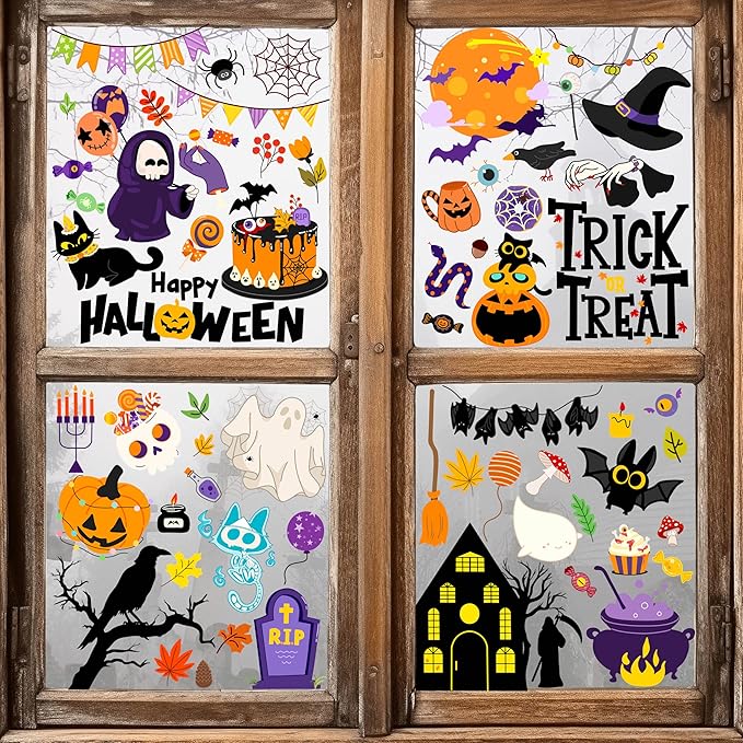 Halloween Window Clings - Halloween Decorations Static Window Stickers for Glass, Removable Large Double-Sided Window Decals for Indoor Home Decor, Bat Fall Cute Party Gift, 65 PCS/9 Sheet-Ruum Studio Home