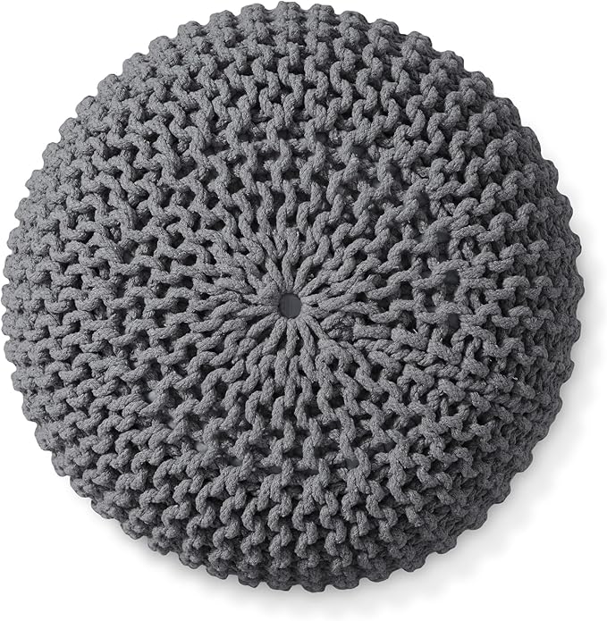 Casafield Round Pouf Ottoman, Dark Gray - 20" Diameter x 14.5" High Cotton Knit Foot Stool - Boho Floor Pouffe for Living Room, Bedroom, Home Office-Ruum Studio Home