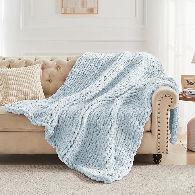 Carriediosa Chunky Knit Throw Blanket 60" X 80" Twin, 100% Hand Made Large Chenille Loop Yarn Soft Fluffy Throws for Couch Sofa Bed, Big Crochet Cozy Heavy Thick Cable Woven Blanket, Light Blue-Ruum Studio Home