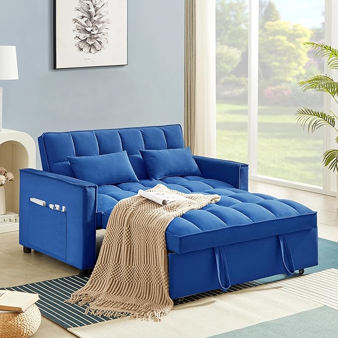 3 in 1 Convertible Sleeper Sofa Bed,Futon Loveseat Couch with Pull-Out Bed & Adjustable Backrest,Velvet Fabric Sofa with Side Pocket for Small Apartment, Living Room, Office (Blue)-Ruum Studio Home