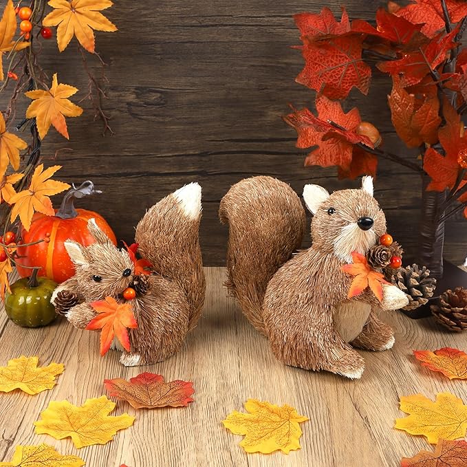 winemana Set of 2 Fall Table Decor-Squirrels with Leaves Pine Cones Thanksgiving Home Decorations Indoor Sisal Figurines, Cozy Fall Office Harvest Centerpiece Christmas Kitchen Décor-Ruum Studio Home
