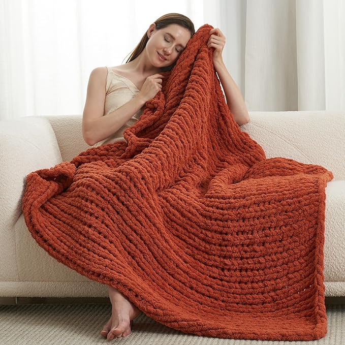 Amélie Home Chunky Knit Throw Blanket for Couch, Soft Chenille Crochet Blanket for Sofa, 50"x60", Burnt Orange-Ruum Studio Home