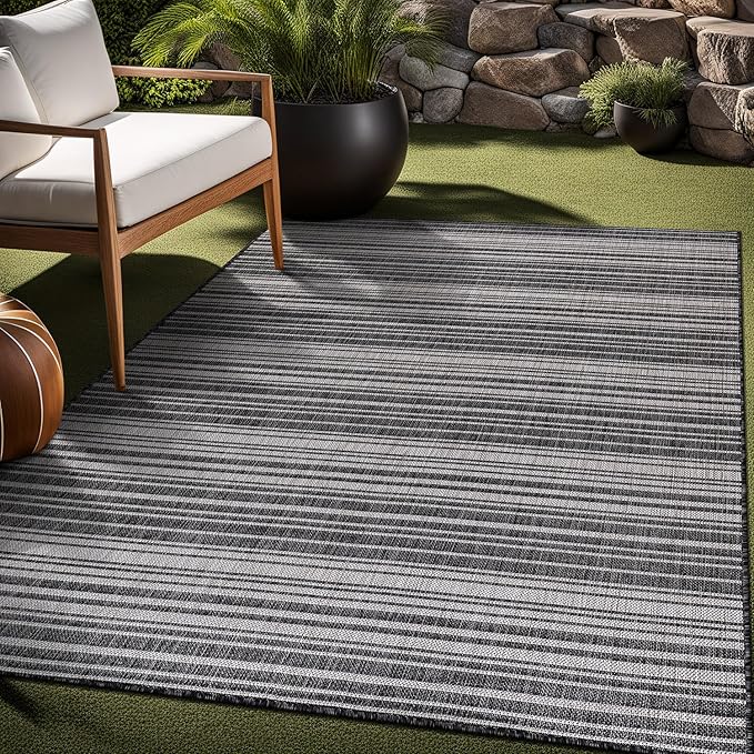 Stripe Outdoor Rug 10x14 Washable Outside Carpet for Indoor Patio Porch Waterproof Easy Cleaning Non Shedding Area Rugs Dark Gray 10 x 14-Ruum Studio Home