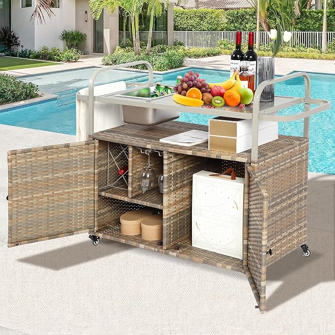 Wicker Outdoor Bar Cart with Ice Bucket, Patio Bar Table with 2 Ratten Doors Cabinet and Casters for Grill, Kitchen and Garden,Beige-Ruum Studio Home