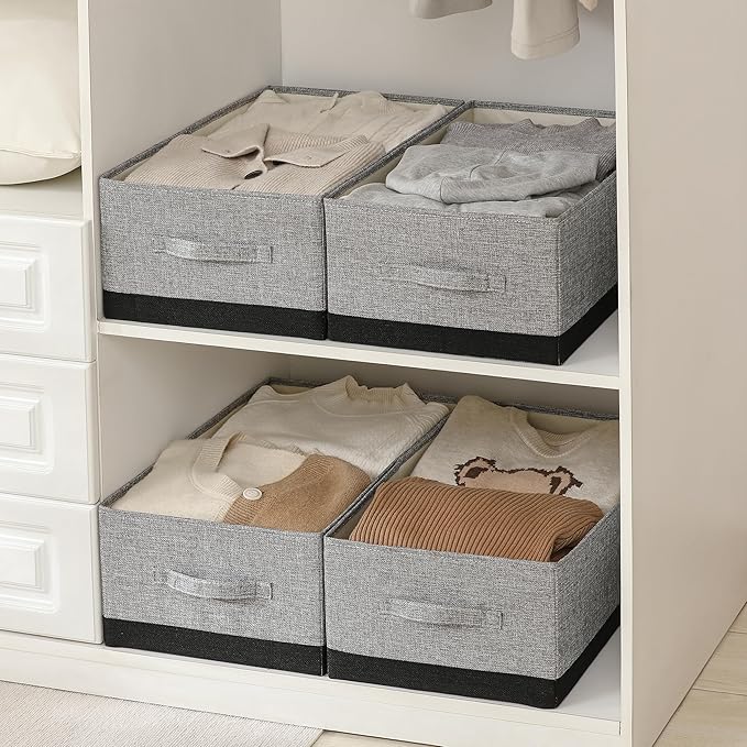 Linen Folding Storage Bins, 3 Pack Large Storage Baskets, Washable, Clothing Storage Bins with Handle, Closet Organizer for Storage Sweater,Sheets (gray black, 18½"x13½"x8½")-Ruum Studio Home