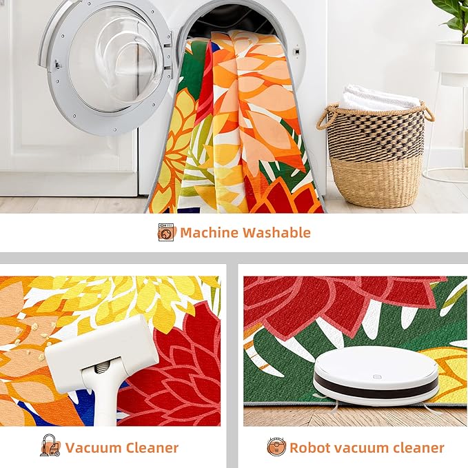 Indoor Outdoor Area Rug Washable Rugs Multicolored Patio Rug Tropical Botanical Modern Floral Indoor Outdoor Carpet Non Slip for RV, Pool Deck, Backyard, Porch (4x6)-Ruum Studio Home