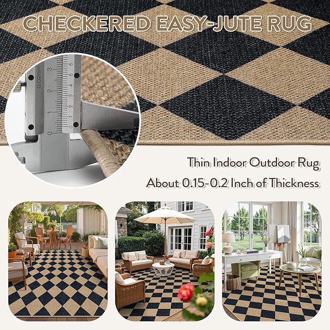 Lahome Checkered Easy Jute Area Rug 8x10, Large Living Room Patio Rug Checkerboard Indoor Outdoor Carpet, Farmhouse Geometric Non Slip Black Carpet for Backyard Dining Room-Ruum Studio Home