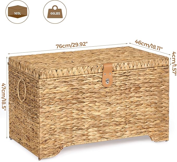 Handwoven Storage Basket with Lid, 165L Wicker Storage Bin, Natural Water Hyacinth, Leather Buckle & Metal Frame, Metal Ring Handles for Easy Transport, Storage Chest & Trunk for Bedroom, Living Room-Ruum Studio Home