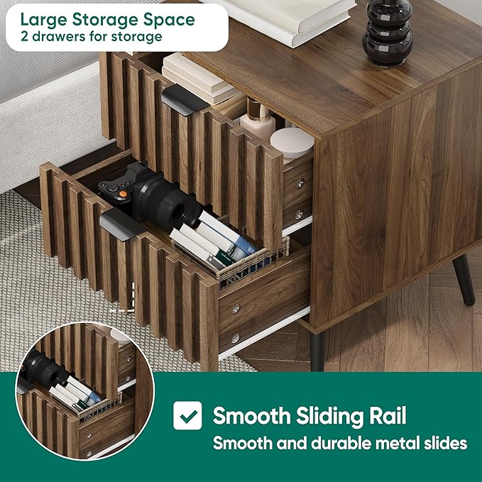 Smuxee Walnut Wooden Night Stand, Mid Century Nightstand with 2 Fluted Drawers, Bedside Table with Metal Feet, Modern End Side Table for Bedroom-Ruum Studio Home