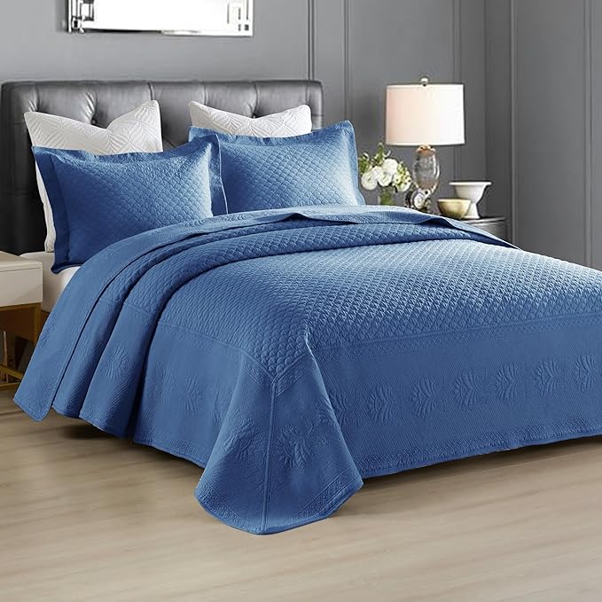 MarCielo 3-Piece 100% Cotton Oversized Bedspread Lightweight Quilt Coverlet Embroidery Farmhouse Bedding Set (TM Midtone Blue, Oversized Queen (100"x106"))-Ruum Studio Home
