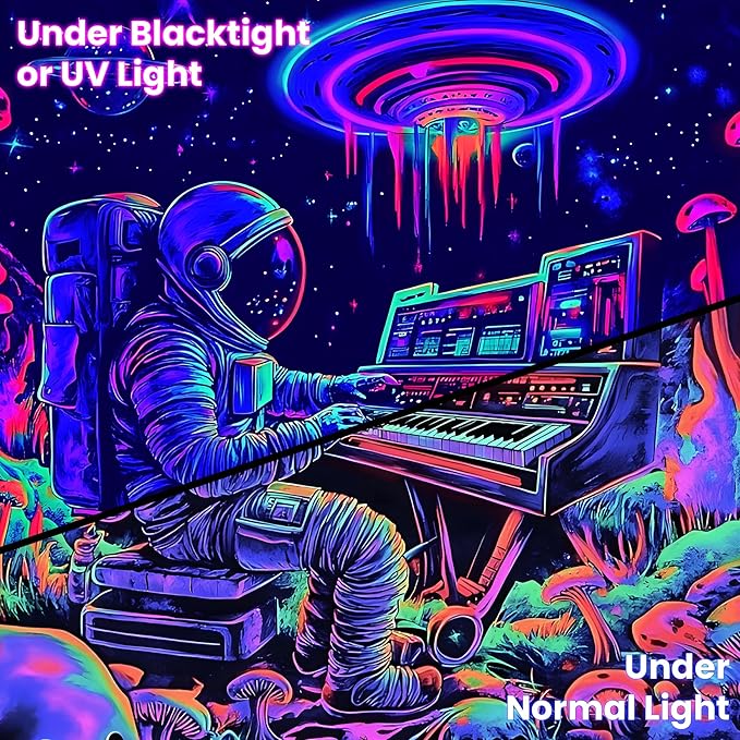 BVBOX Astronaut Space Blacklight Tapestry 90"x70", UV Reactive Astronaut Electronic Piano Universe Galaxy Planet Glow in Dark Music Tapestries, Black Light Neon Upright Poster Wall Hanging Backdrop Decor for Bedroom Living Room-Ruum Studio Home