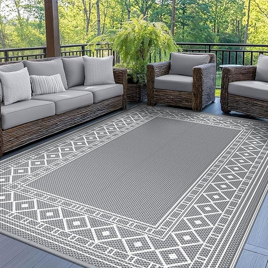 GENIMO Outdoor Rug Waterproof for Patio Decor, 5'x8' Reversible Plastic Straw Area Carpet, Camping Outside Mat for Outdoor, RV, Deck, Camper, Balcony,Picnic Grey & White-Ruum Studio Home