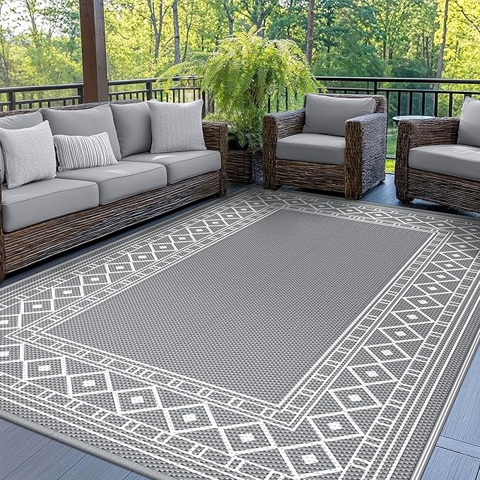 GENIMO Outdoor Rug Waterproof for Patio Decor, 8'x10' Reversible Outdoor Plastic Straw Rug Carpet, Camping Mats for Outdoor Decor, RV, Backyard, Deck, Balcony, Picnic, Grey & White-Ruum Studio Home