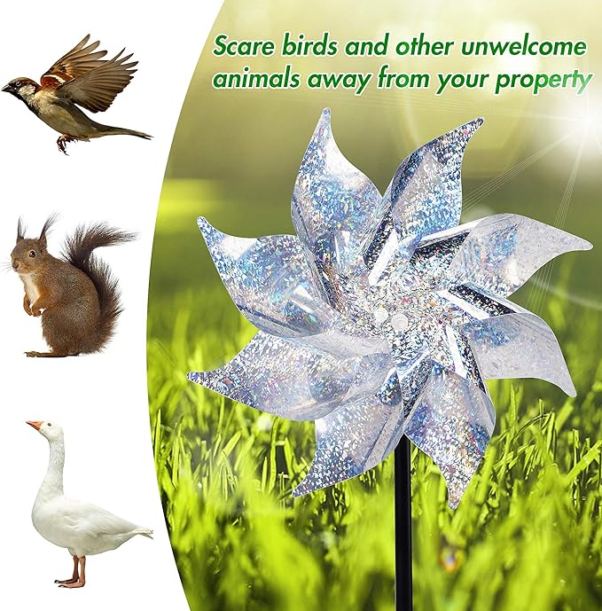 Hausse 10 Pack Reflective Pinwheels with Stakes (Assembly Required), Extra Sparkly Pin Wheel for Garden Decor, Bird Repellent Devices Deterrent to Scare Birds Away from Yard Patio Farm-Ruum Studio Home