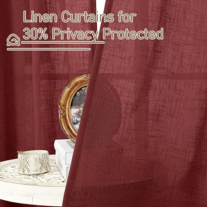 LAMIT Burgundy Red Sheer Linen Curtains 84 inch Length, Light Filtering Semi Sheer Panels Linen Textured Bronze Grommet Christmas Drapes for Living Room/Bedroom, 2 Panels, 52 x 84 Inch-Ruum Studio Home