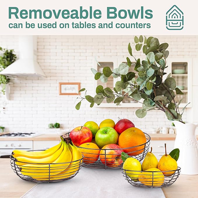 Home Intuition 3-Tier Hanging Fruit Produce Basket Heavy Duty Wire with 2 Metal Ceiling Hooks, Round, Bronze-Ruum Studio Home