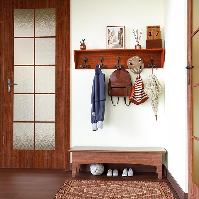 SKOLOO Wall Shelf with Hooks, 35-Inch Cherry Coat Rack Wall Mount with Shelf Organizer - Lightweight & Sturdy, 5 Tri Hooks - Perfect for Entryway, Hallway, Living Room, Bedroom, Mudroom-Ruum Studio Home