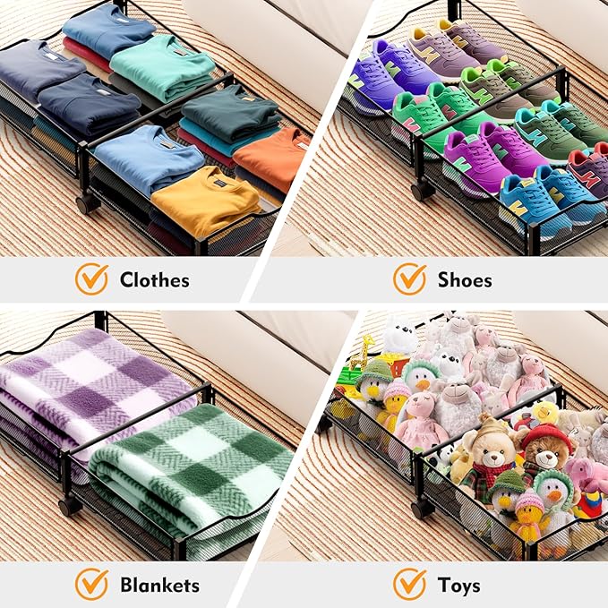 2 Pack Under Bed Storage with Wheels, 36" Lengthen Underbed Storage Containers with Lids, Large Capacity Under Bed Shoe Storage, Metal Clothes Organizer, Storage Box for Clothing Shoes Blankets Sheet-Ruum Studio Home