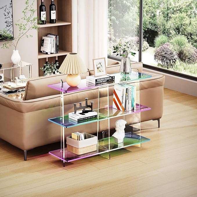 Acrylic Bookshelf, Small 3 Tier Open Bookcase for Small Spaces,Sofa Table, Hallway Entry Table for Home Living Room (Iridescent, 39.4" x 11.8" x 31.5)-Ruum Studio Home