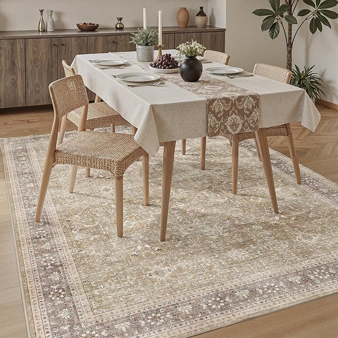 DCX Machine Washable Brown and Beige Area Rug 5x7, Non Slip Stain Resistant Vintage Rug for Living Room Diningroom Bedroom Nursery, Soft Low Pile Large Carpet-Ruum Studio Home