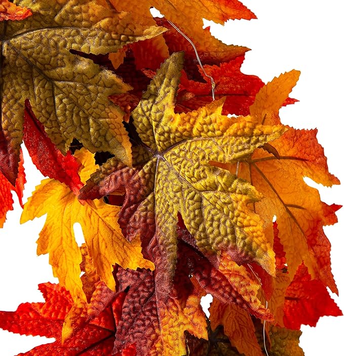 Glitzhome 24 Inch Pre-lit Fall Wreath, Autumn Wreath for Front Door, Lighted Maple Leaves Wreaths with Timer for Thanksgiving Halloween Christmas Wall Front Porch Home Decoration-Ruum Studio Home