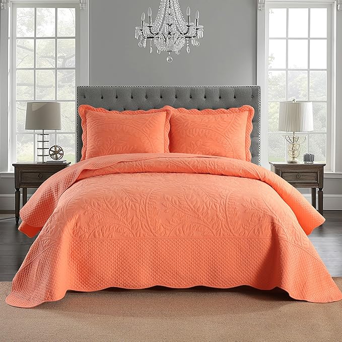 MarCielo 3-Piece 100% Cotton Oversized Bedspread Lightweight Quilt Coverlet Embroidery Farmhouse Bedding Set T0 (Salmon, Oversized King (118"x106"))-Ruum Studio Home