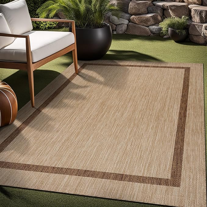Bordered Outdoor Rug 9x12 Washable Outside Carpet for Indoor Patio Porch Waterproof Easy Cleaning Non Shedding Area Rugs Jute Beige - Nut Brown 9 x 12-Ruum Studio Home