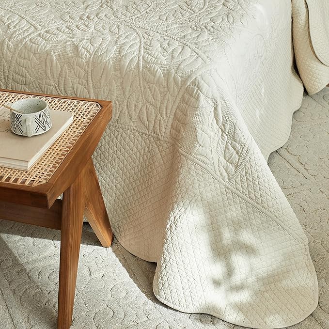 MarCielo 3-Piece 100% Cotton Oversized Bedspread Lightweight Quilt Coverlet Embroidery Farmhouse Bedding Set T0 (Yellowish Beige, Oversized Queen (100"x106"))-Ruum Studio Home