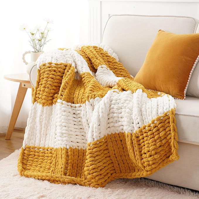 Battilo Chunky Knit Throw Blanket, Soft and Thick Chenille Throw Blanket, 50"x60" Handmade Cable Knit Crochet Blanket, Large Rope Knot Throw Blankets for Couch Sofa Bed Home Decor, Yellow & White-Ruum Studio Home