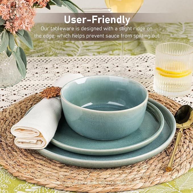GBHOME Ceramic Dinnerware Sets for 4, 12 Pieces Stoneware Plates and Bowls Sets, Scratch Resistant Dishes, Dishwasher & Microwave Safe, Reactive Glaze-Malachite Green-Ruum Studio Home