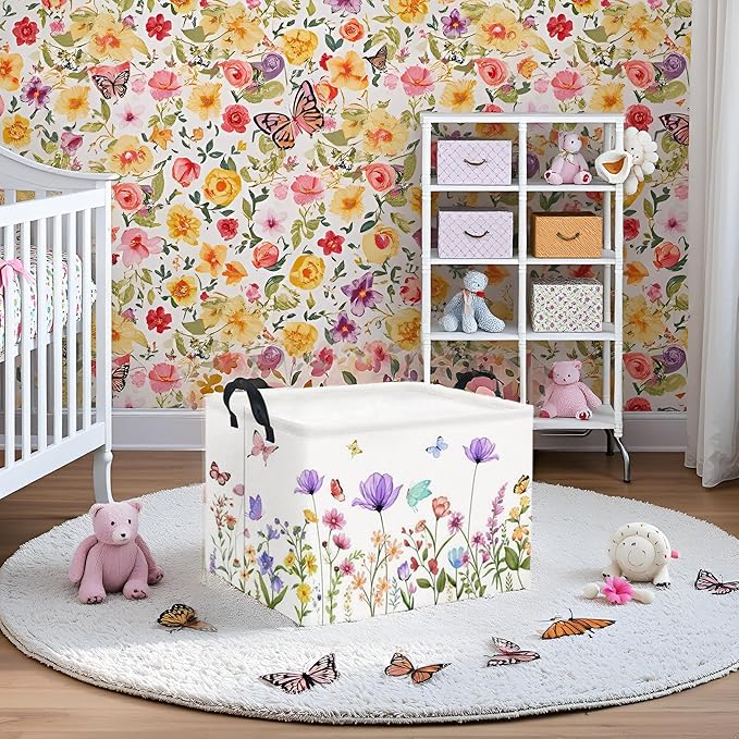 HIYAGON Rectangular Baby Girl Basket Kids Baby Storage Basket Toy Storage Bin Organizer Box Room Decor(Purple Flower)-Ruum Studio Home