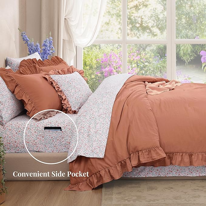 Full Comforter Set - 7 Pieces Ruffle Autumn Leaf Bedding Sets, Shabby Chic Farmhouse Bed in a Bag Full with Ruffle Comforter, Floral Sheets, Pillowcases & Shams-Ruum Studio Home