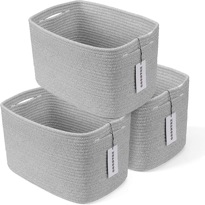 Cotton Rope storage Basket Bins Woven Basket for Organizing Shelves 14.5X9.5X9.3“ Rectangle Decorative Baskets For storage Clothes Toys Books Towels Square Wicker Nursery basket organizer 3 pack grey-Ruum Studio Home