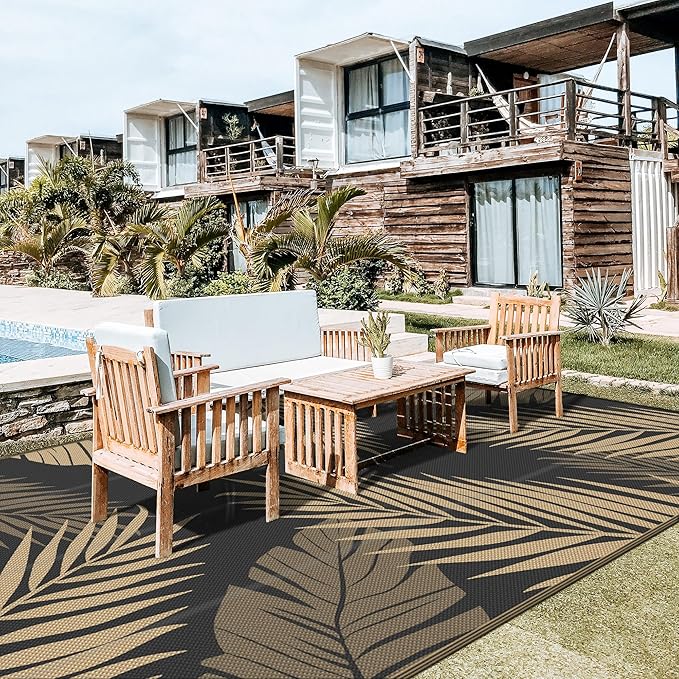 GENIMO Outdoor Rug 10' x 20' Waterproof for Patios Clearance, Reversible Outdoor Plastic Straw Camping Rug Carpet, Large Area Rugs Mats for RV, Camper, Deck, Balcony, Porch, Beach, Picnic, Black&Brown-Ruum Studio Home