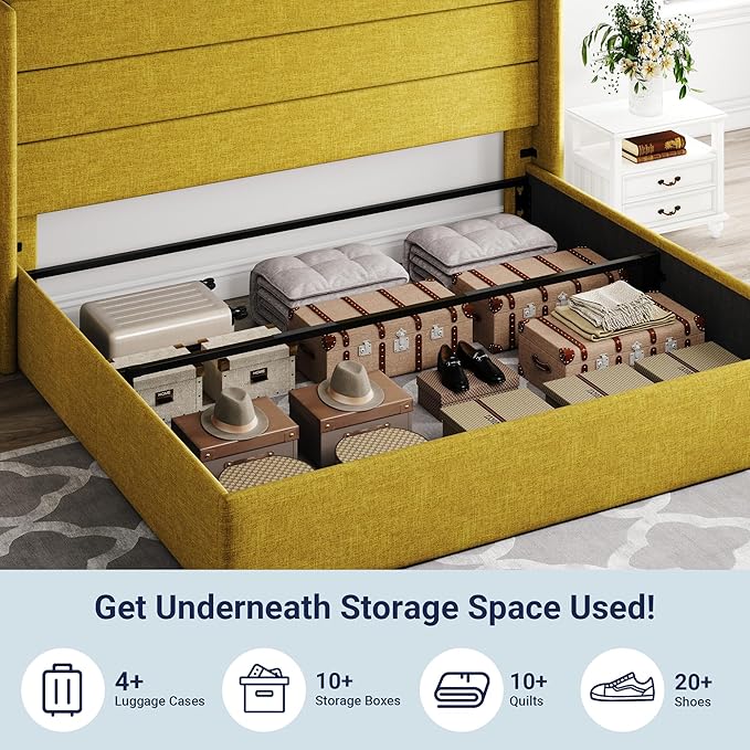 Allewie King Size Lift Up Storage Bed, Modern Wingback Headboard, Hydraulic Support, No Box Spring Needed, Olive Yellow-Ruum Studio Home