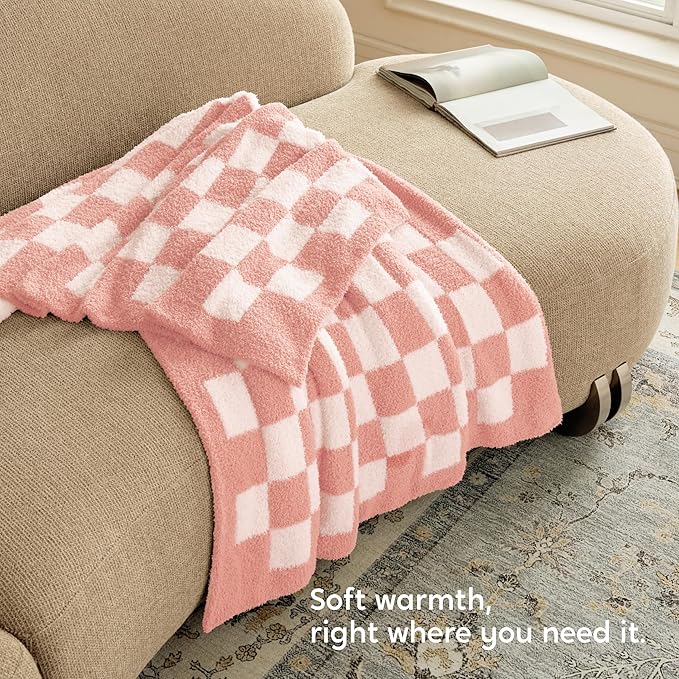 Joiedomi Throw Blanket for Couch, Pink White Checkered Knitted Blankets Gifts for Women Mom Girls, Cozy Cute Soft Throw Home Room Decor Aesthetic Women Mothers Birthday Gifts 50x70 Inches-Ruum Studio Home