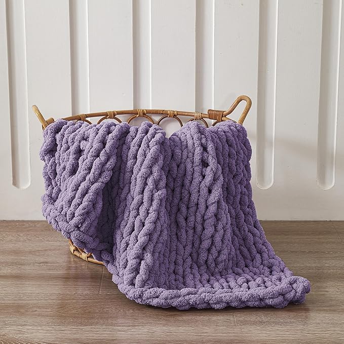 WESHIONGOO Chunky Knit Blanket Throw 40"×40" Knitted Throw Blankets for Couch Bed Fluffy Soft Blanket with Jumbo Chenille Yarn Thick 100% Handmade(Purple)-Ruum Studio Home