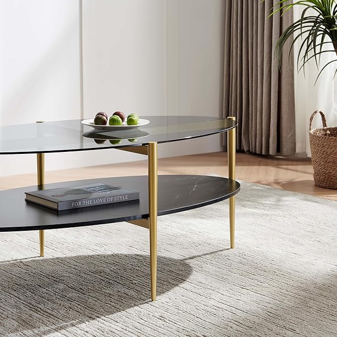 Oval Glass Coffee Table, Mid-Century Modern Design, L43 x W22 x H17 inch, Surfboard Shaped Grey Glass Top and Black Marble Finish Wood Shelf, Tapered Legs with Gold Finish Frame-Ruum Studio Home