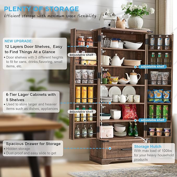 72" Farmhouse Kitchen Pantry Cabinet With Drawer, Tall Storage With 2 Barn Doors and Shelves, Versatile Large Rustic for Dining Room, Bathroom, Living Room, Rustic Brown-Ruum Studio Home