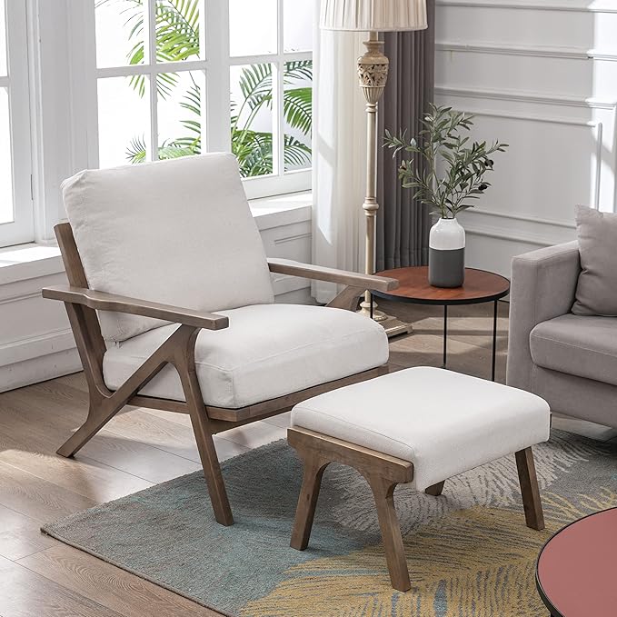 chairus 2 Sets Mid-Century Modern Accent Chairs with Ottoman, Linen Fabric Armchair with Wood Legs Comfy Upholstered Single Sofa Chair for Living Room/Bedroom/Lounge, White-Ruum Studio Home
