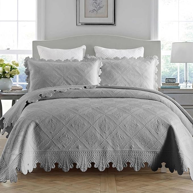 MarCielo 3-Piece 100% Cotton Oversized Bedspread Lightweight Quilt Coverlet Embroidery Farmhouse Bedding Set (Tk Light Grey, Oversized Queen (100"x106"))-Ruum Studio Home