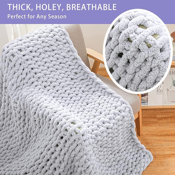 Bigacogo Chunky Knit Throw Blanket for Couch, 60x80 inches, 100% Hand Knitted with Thick Jumbo Chenille Yarn, Cozy Soft Large Rope Knot Cable Crochet Blankets for Sofa Bed Living Room, Light Grey-Ruum Studio Home